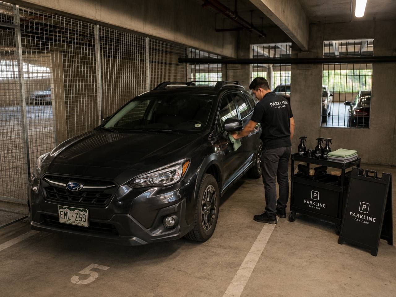 Parkline technician caring for a resident vehicle in an apartment parking garage
