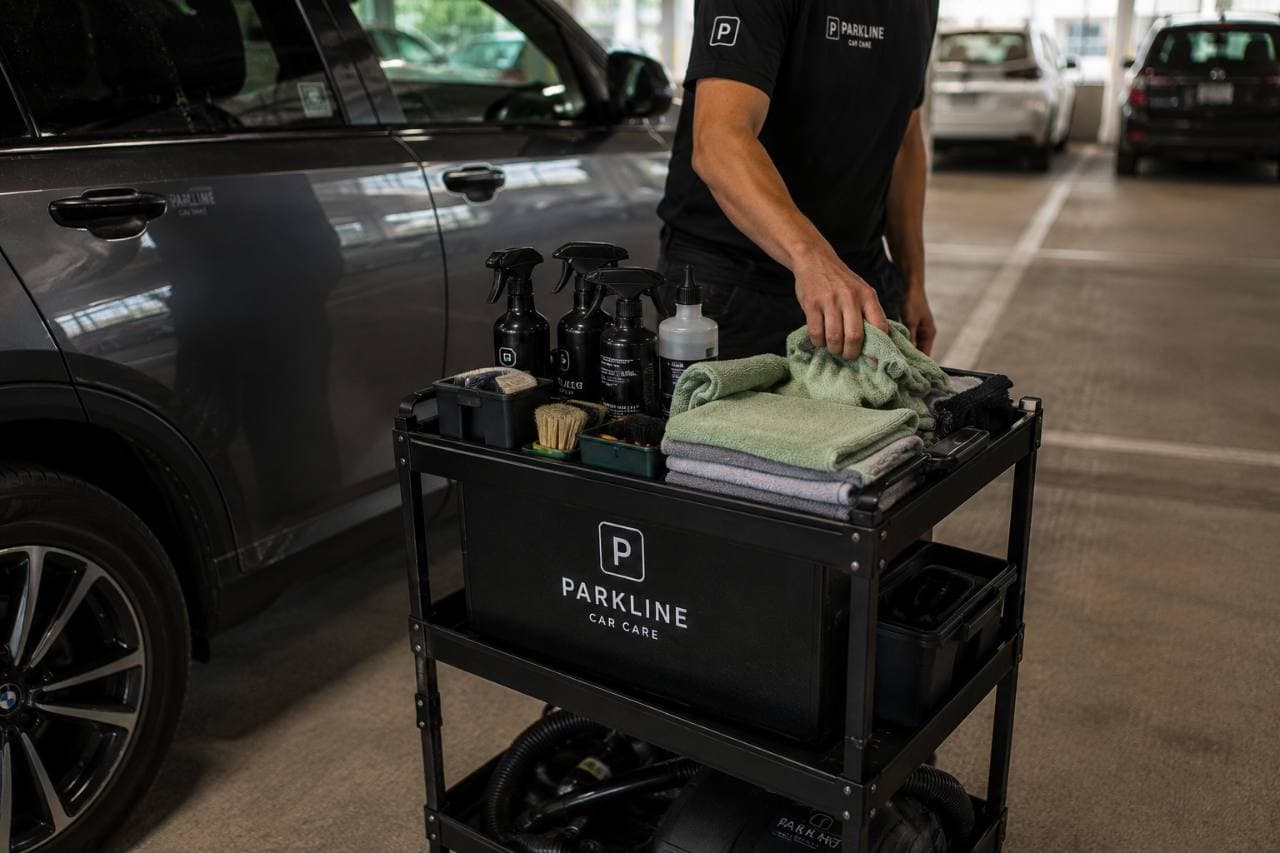 Organized Parkline equipment cart beside a resident vehicle